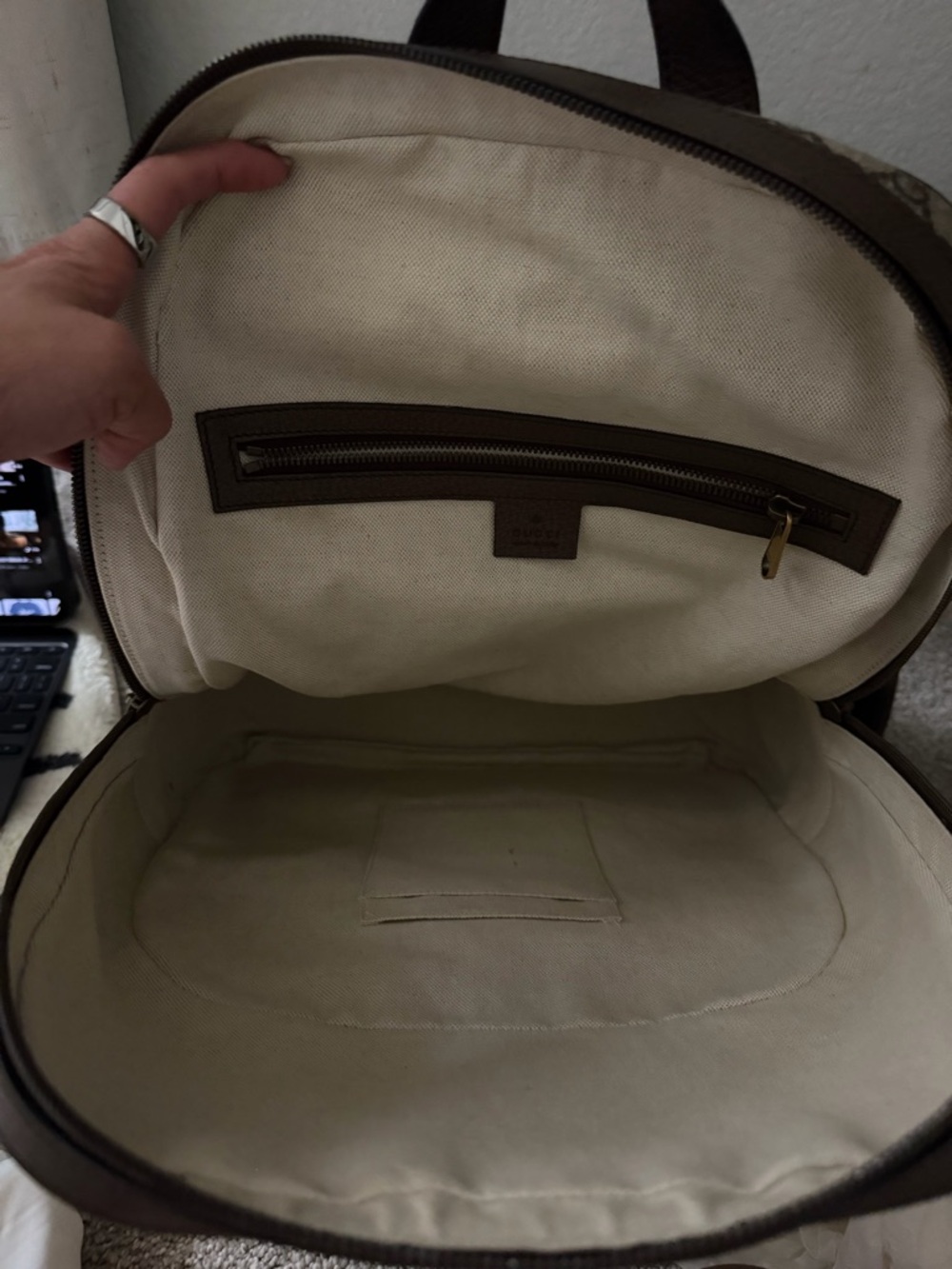 Gucci Beige GG Supreme Canvas Backpack with Red & Green Web and Brown Trim - Picture 4 of 11